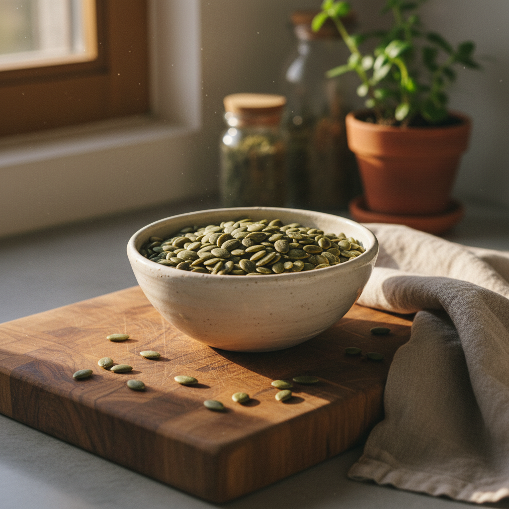 A ceramic bowl of raw pumpkin seeds on a wooden cutting board in warm natural light