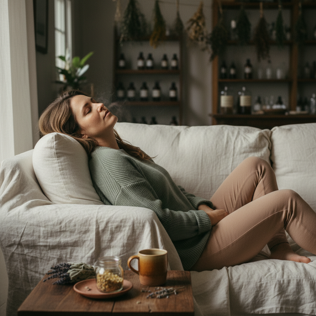 Person experiencing chronic fatigue, resting on couch during daytime