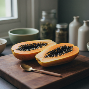A halved papaya on a wooden board showing black seeds inside, with a spoon nearby