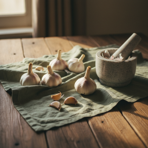 Whole heads of garlic and peeled cloves on a linen cloth beside a stone mortar