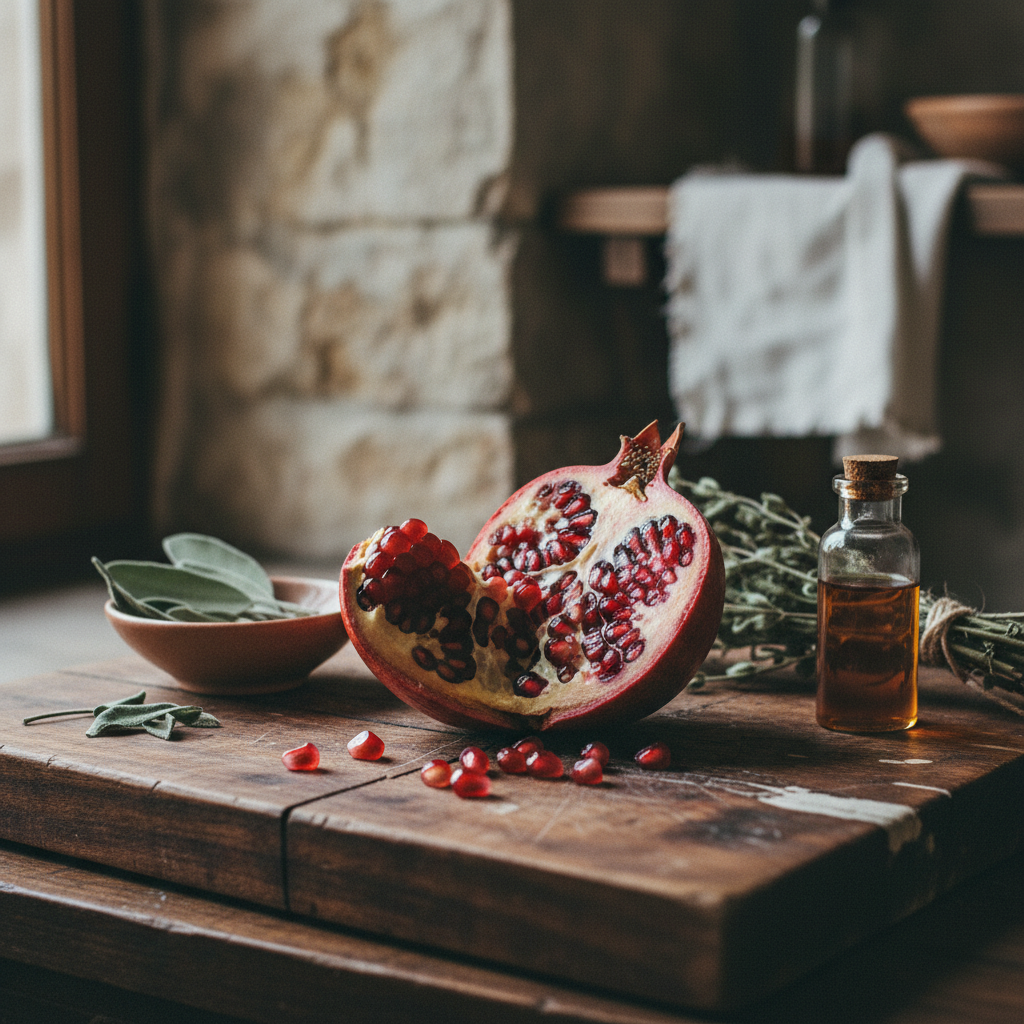 A split pomegranate showing ruby red seeds on a rustic wooden surface