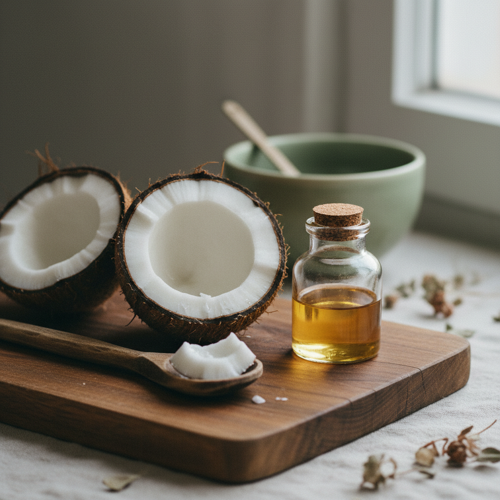 A fresh coconut cracked open with white flesh and a small jar of coconut oil nearby