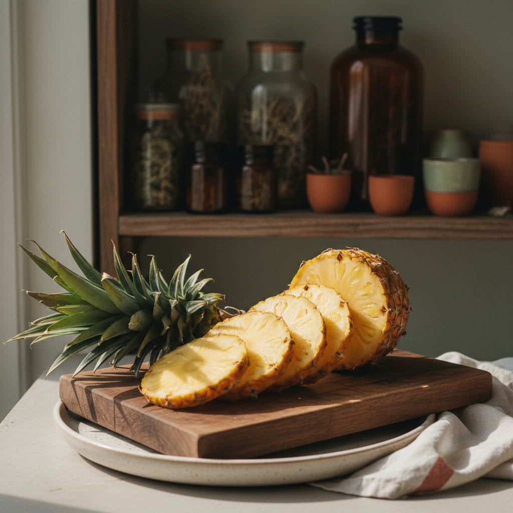 A freshly sliced golden pineapple on a wooden cutting board with the crown beside it