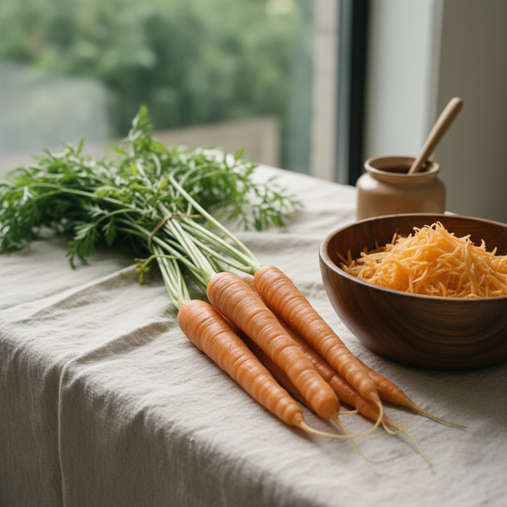A bundle of whole carrots with green tops on a linen cloth, next to a shredded pile
