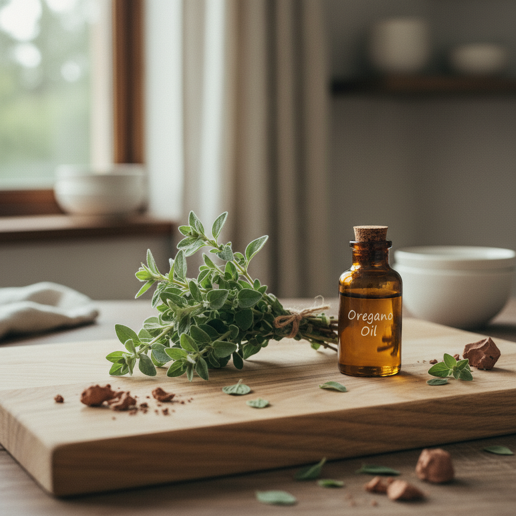 Fresh oregano sprigs and a small amber glass bottle of oregano oil on a wooden board
