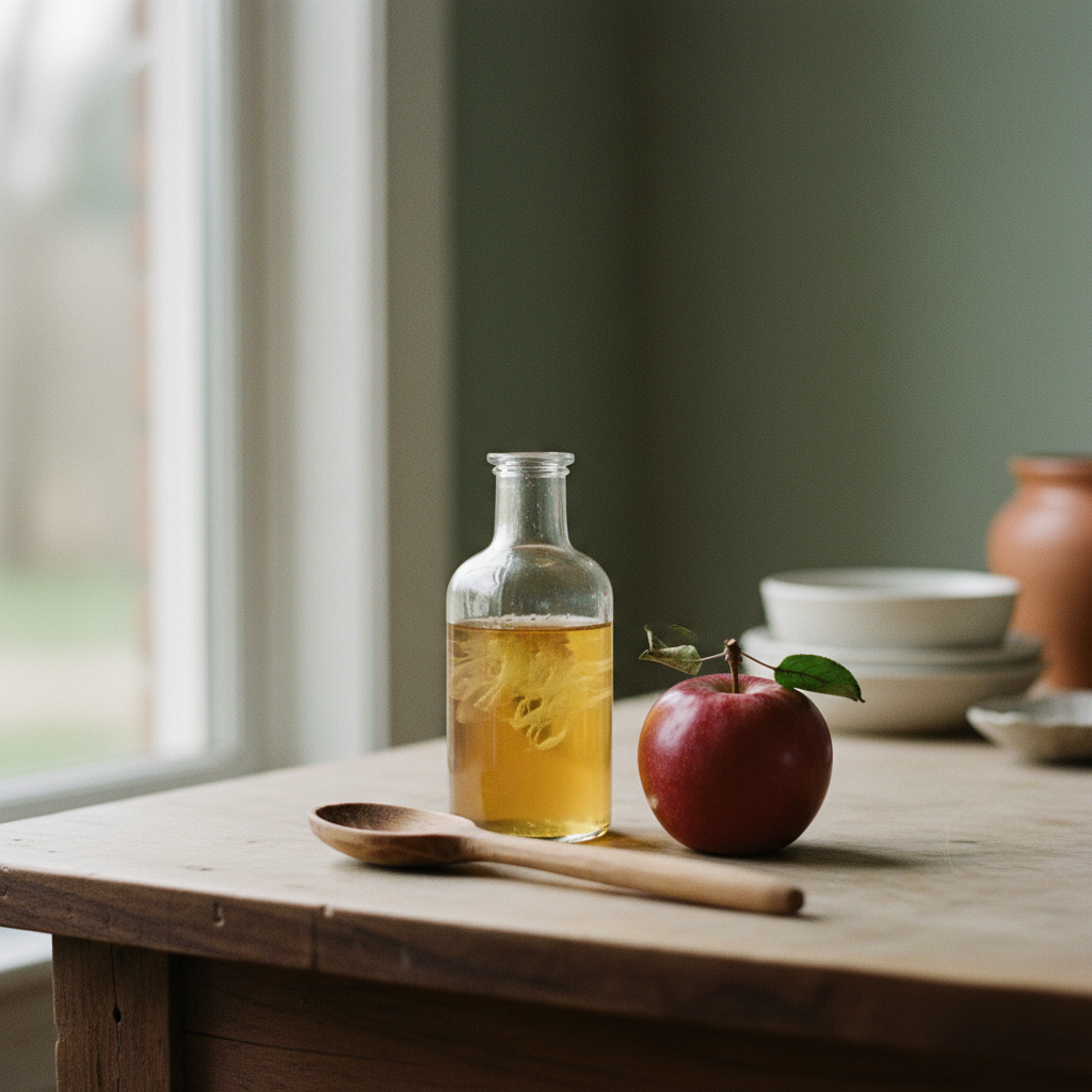 A small glass bottle of raw apple cider vinegar with visible mother, next to a wooden spoon
