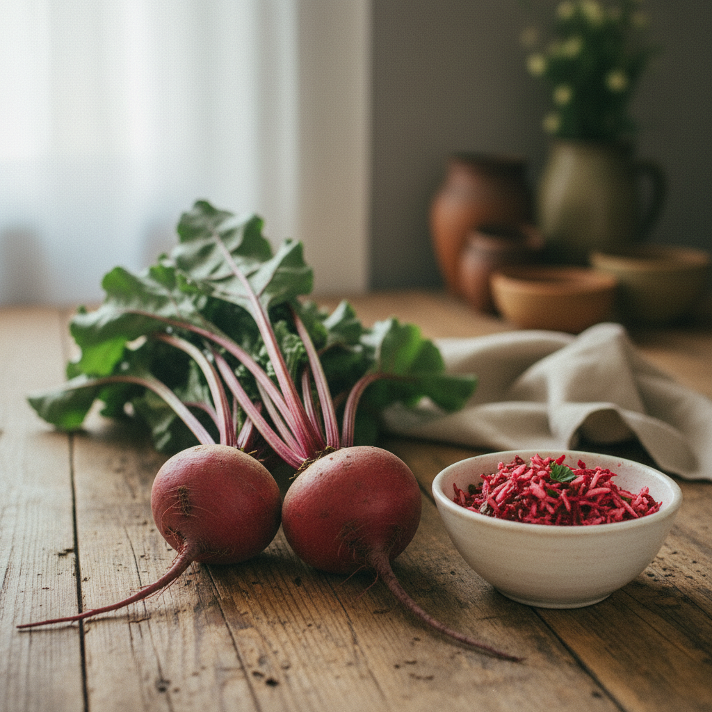 Whole raw beets with greens attached on a rustic wooden surface, with a grated beet salad in a bowl