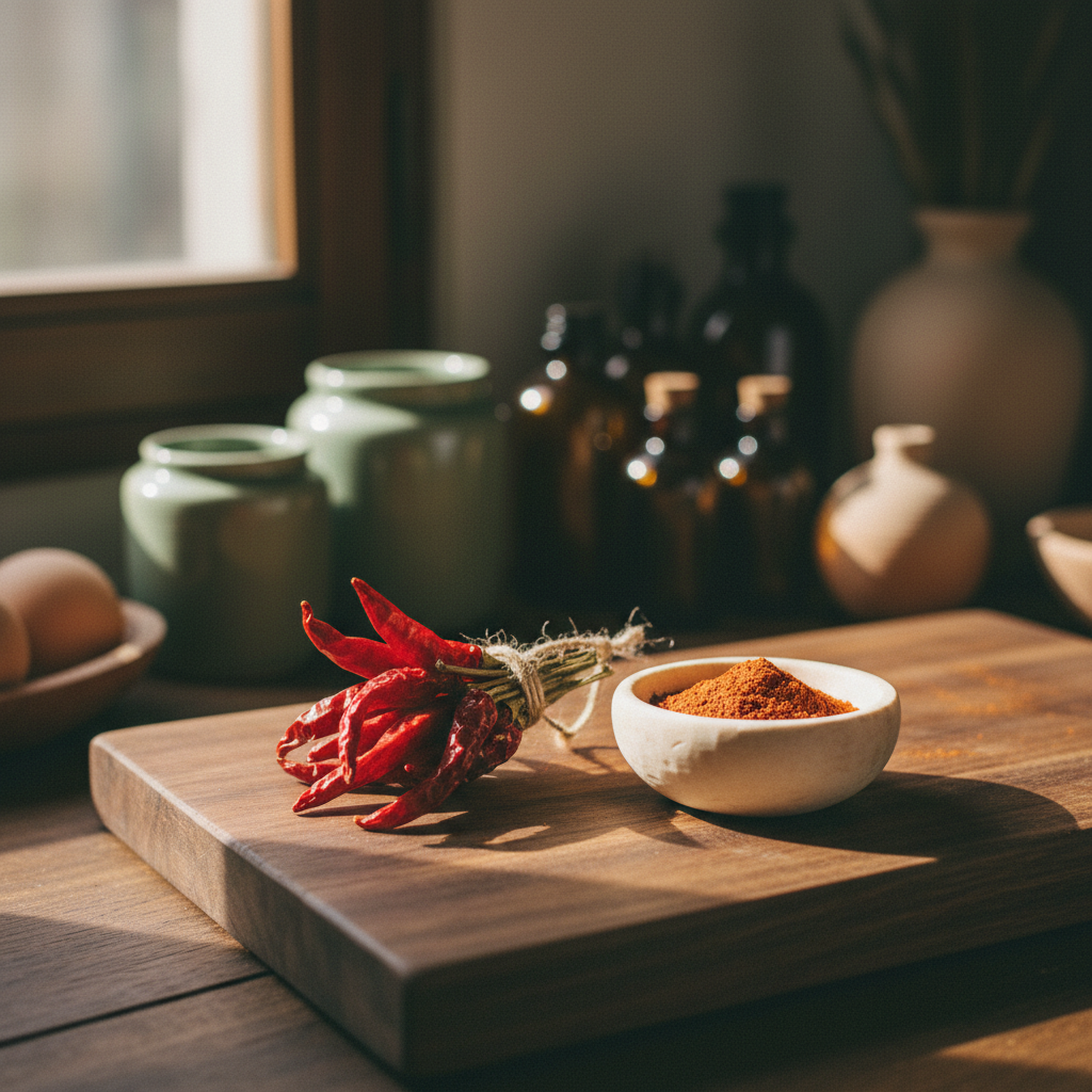 Dried red chili peppers and a small bowl of cayenne powder on a wooden board