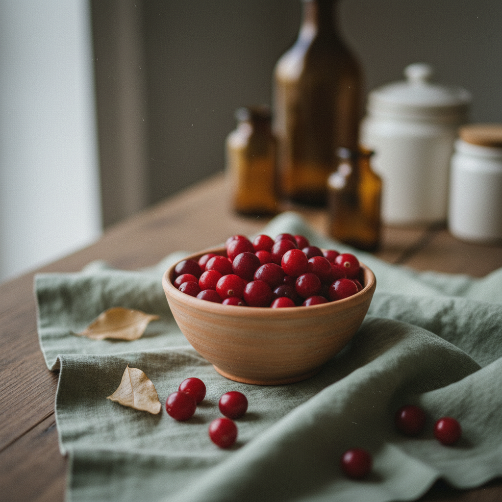 A small ceramic bowl of fresh ruby red cranberries on a linen cloth in soft window light