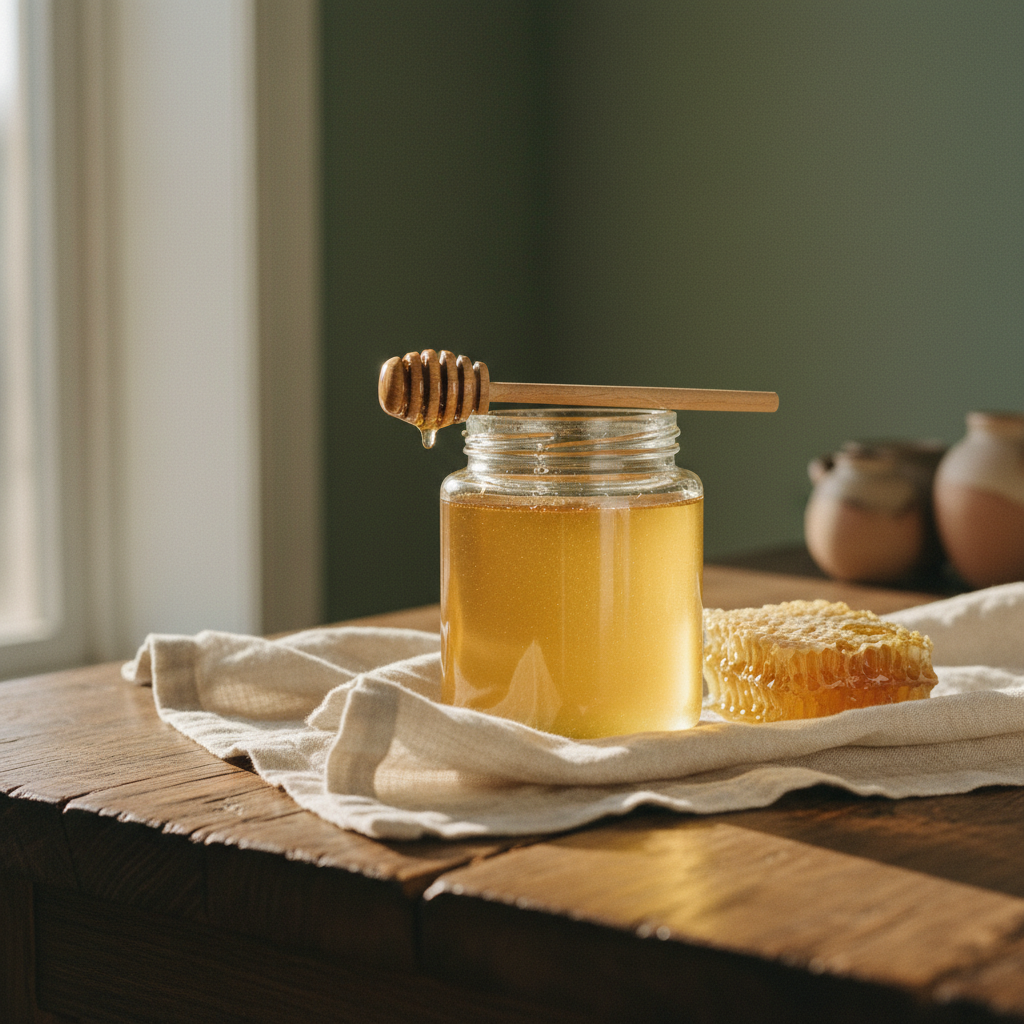 A glass jar of raw honey with a wooden honey dipper and a honeycomb piece beside it