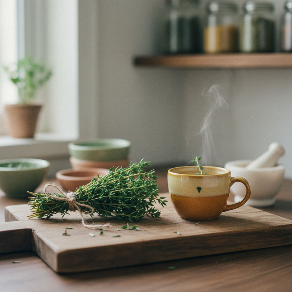 Fresh thyme sprigs tied with twine on a rustic wooden board next to a small cup of thyme tea