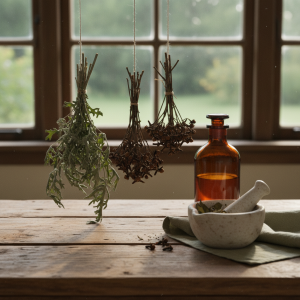 A rustic farmhouse table with dried herbs, tincture bottles, and mortar and pestle in morning light