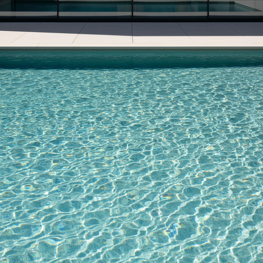 Sunlit ripples on the surface of a swimming pool, referencing the recreational-water outbreaks commonly associated with Cryptosporidium
