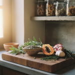 A quiet apothecary kitchen at dawn with pumpkin seeds, papaya, garlic, pomegranate, and fresh herbs on a wooden board