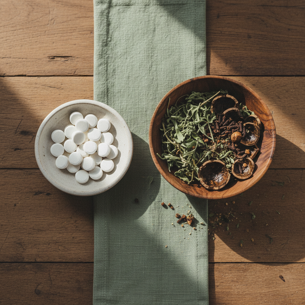 A split composition showing pharmaceutical pills on one side and dried herbs with a mortar and pestle on the other, divided by a clean line on a neutral background