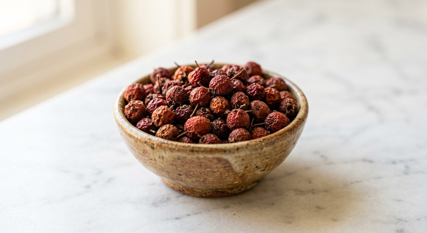 Dried red hawthorn berries in a rustic ceramic bowl ready for herbal tea or tincture preparation