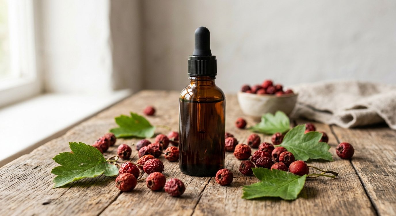 Dark amber glass dropper bottle with dried hawthorn berries, representing the tincture form of hawthorn extract