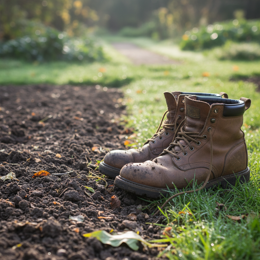 Garden soil and work boots, referencing how hookworm enters the body through bare skin in contaminated soil