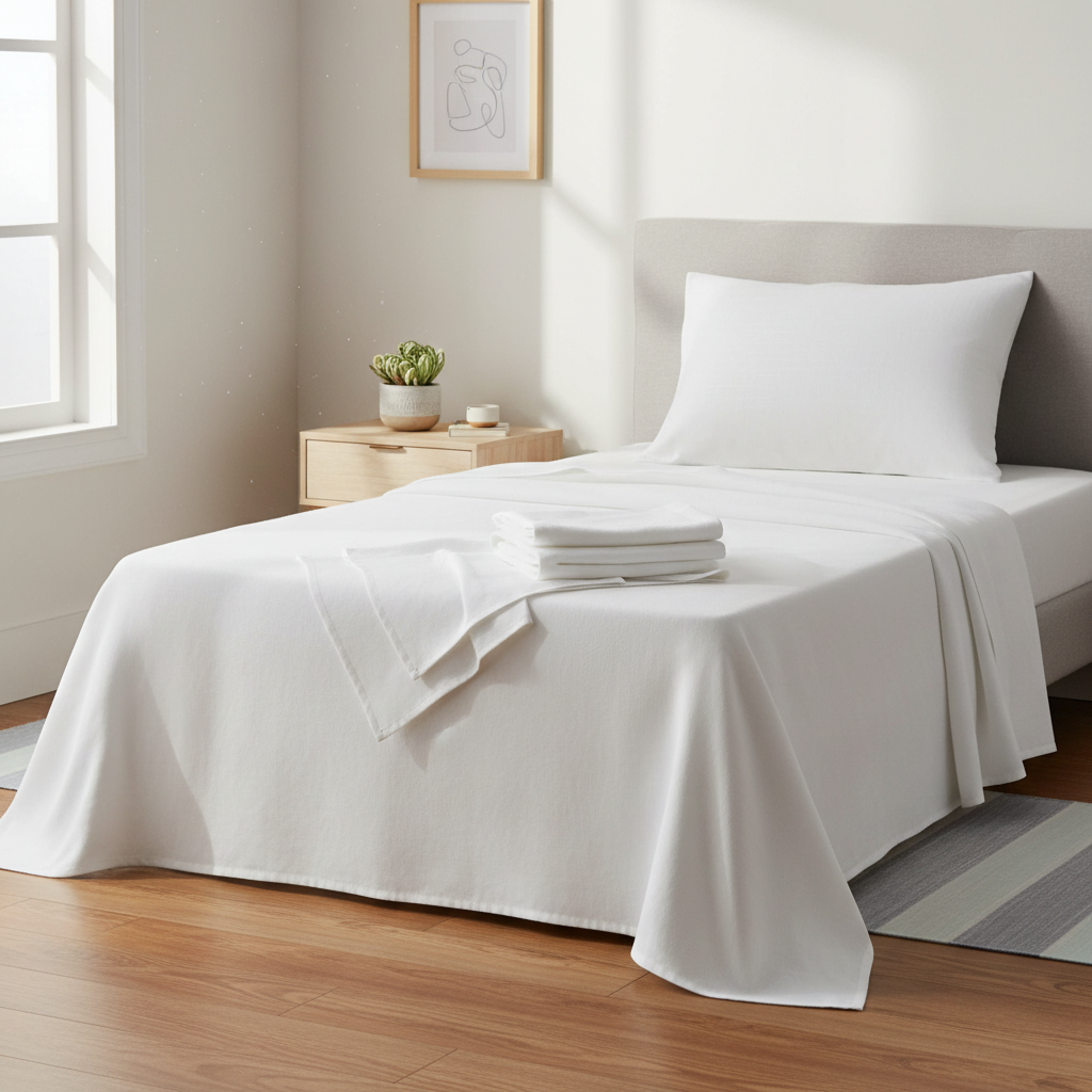 Neatly folded bed linens, referencing how pinworm eggs spread through bedding and household surfaces