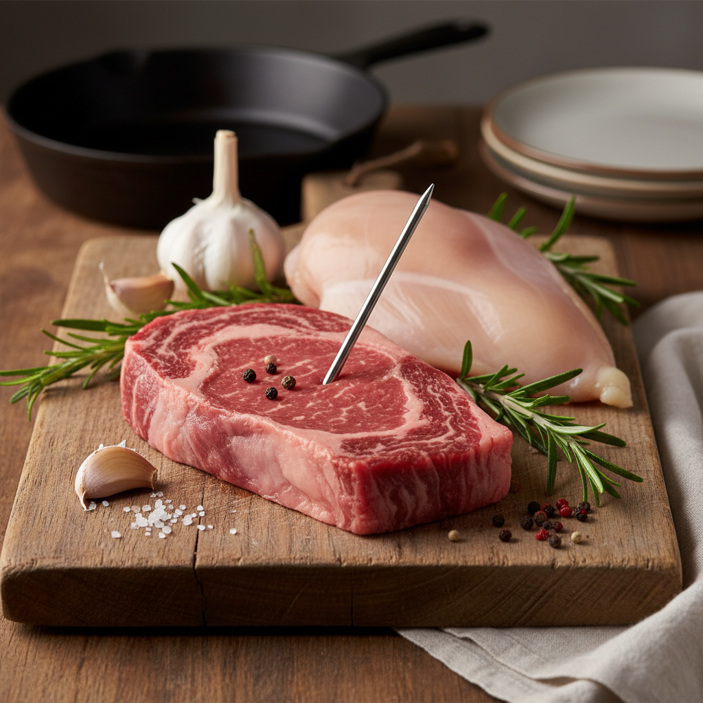Raw meat on a cutting board with a kitchen thermometer, referencing the importance of thorough cooking to prevent tapeworm infection