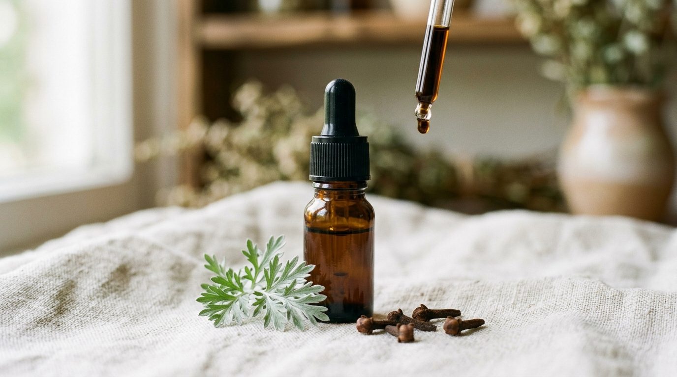 Amber glass tincture bottle with dropper beside clove buds and a wormwood sprig