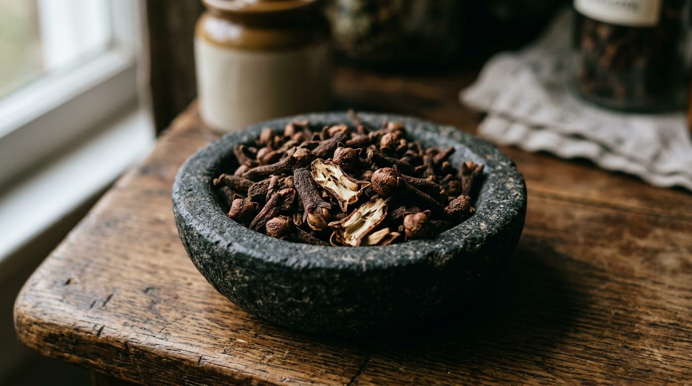 Whole dried clove buds heaped in a dark stone mortar, a few cracked open