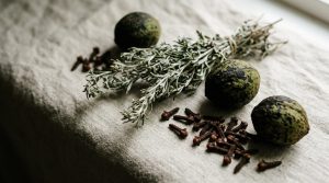 Green black walnut hulls, a bundle of dried wormwood and whole clove buds arranged on linen