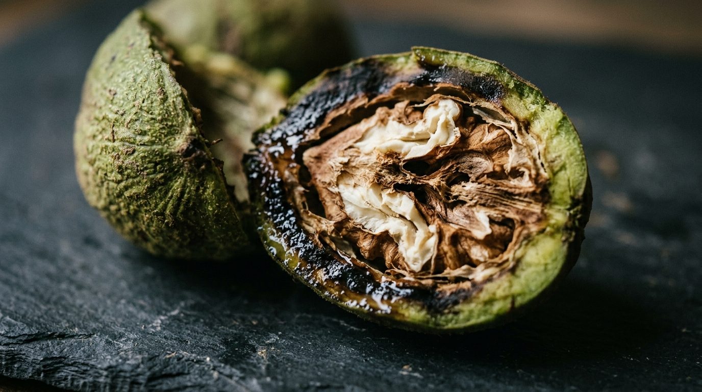 Macro of a green black walnut hull split open showing the fibrous interior darkening at the cut