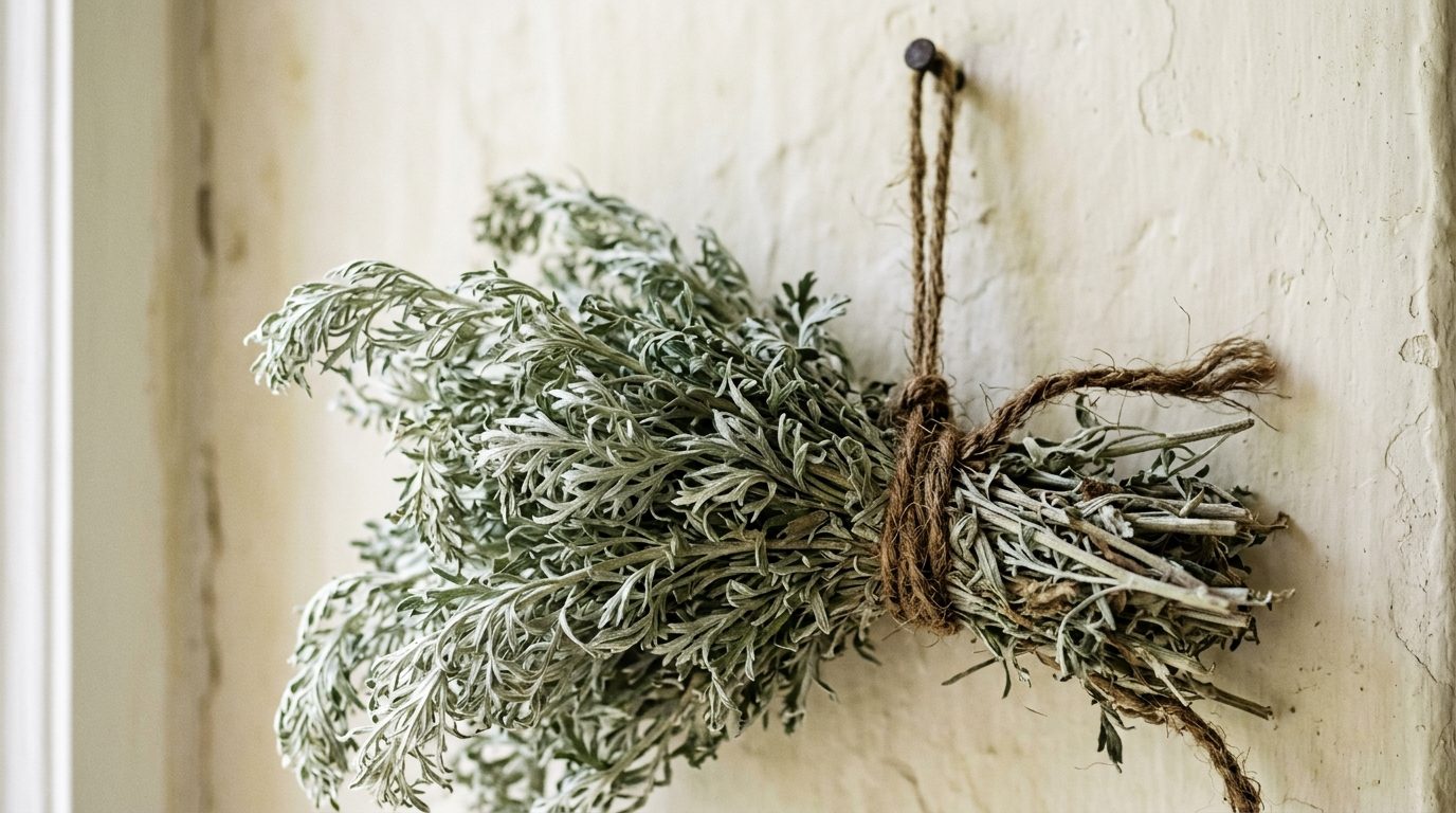 Bundle of silver-green wormwood stems tied with twine and hung to dry
