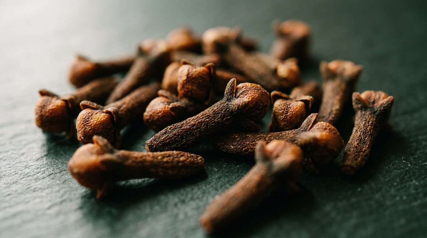 Macro detail of whole dried clove buds on dark slate