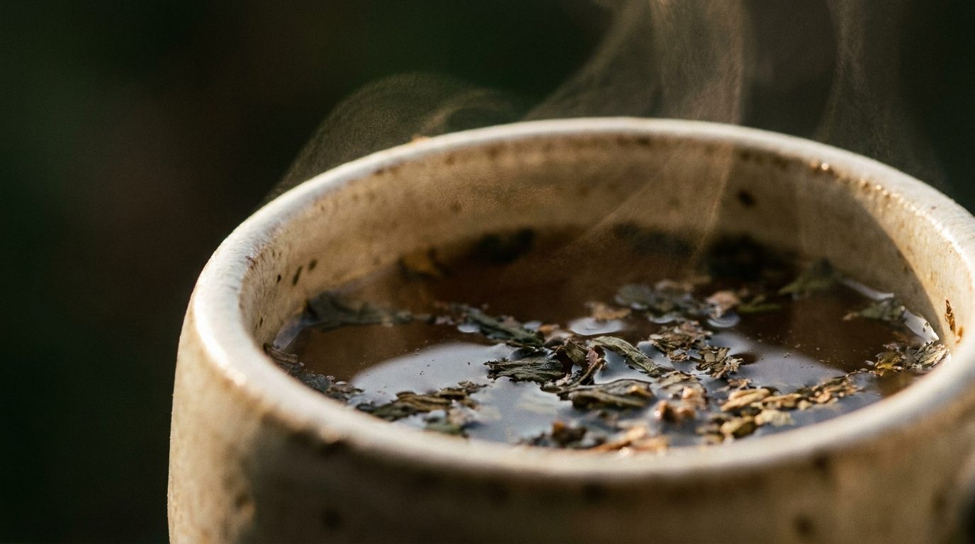 Stoneware cup of dark herbal infusion with loose leaf fragments on the surface