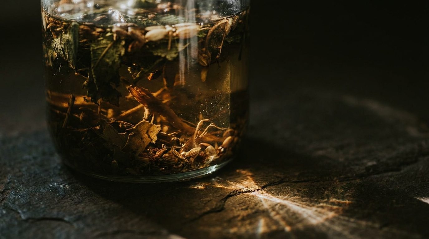 Glass jar of dark herbal tincture steeping with plant matter suspended in the liquid