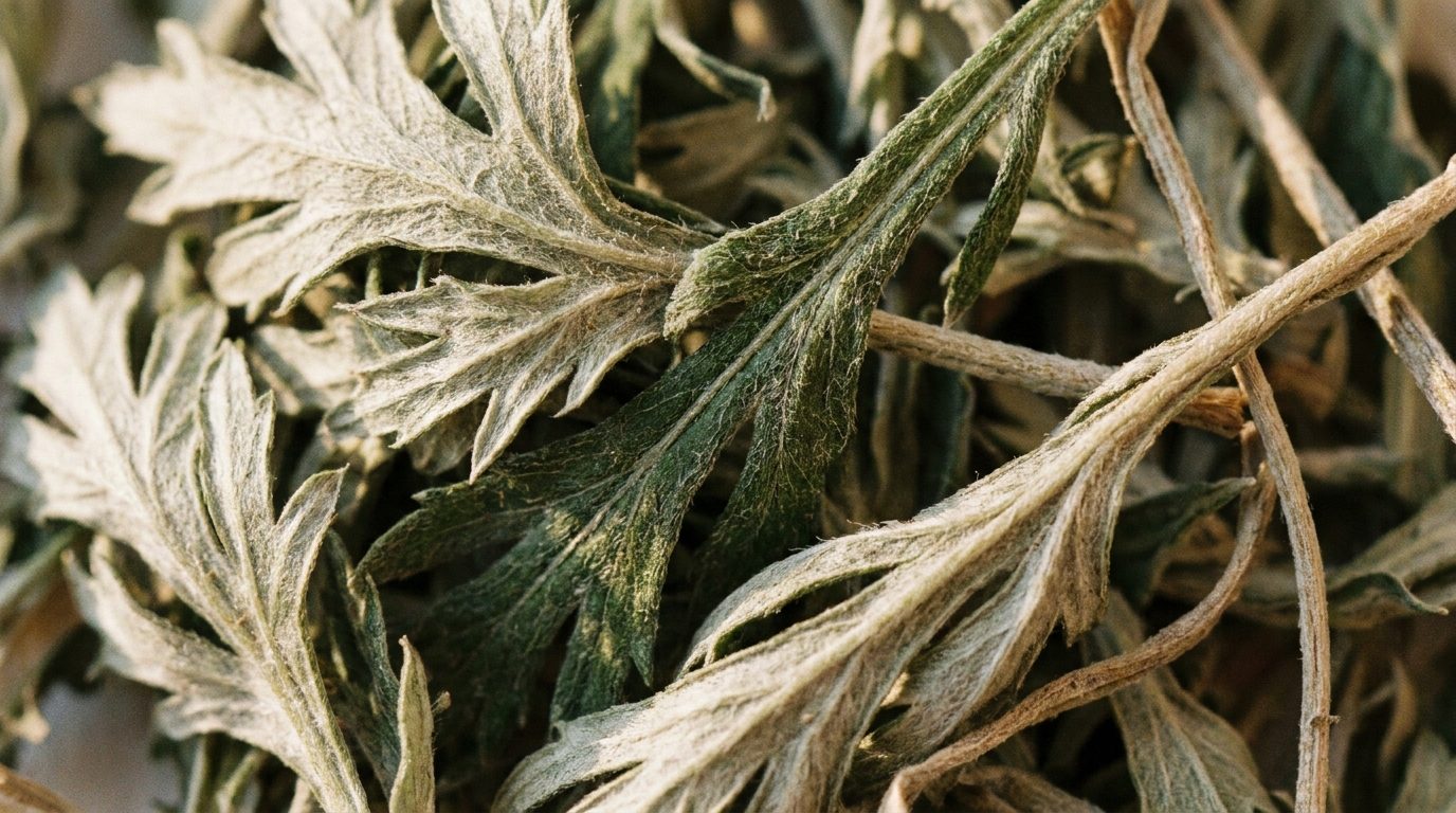 Macro detail of dried silvery-green wormwood foliage