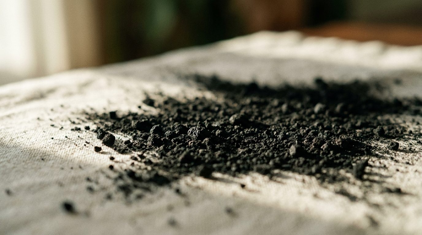 Fine black activated charcoal powder scattered across pale linen