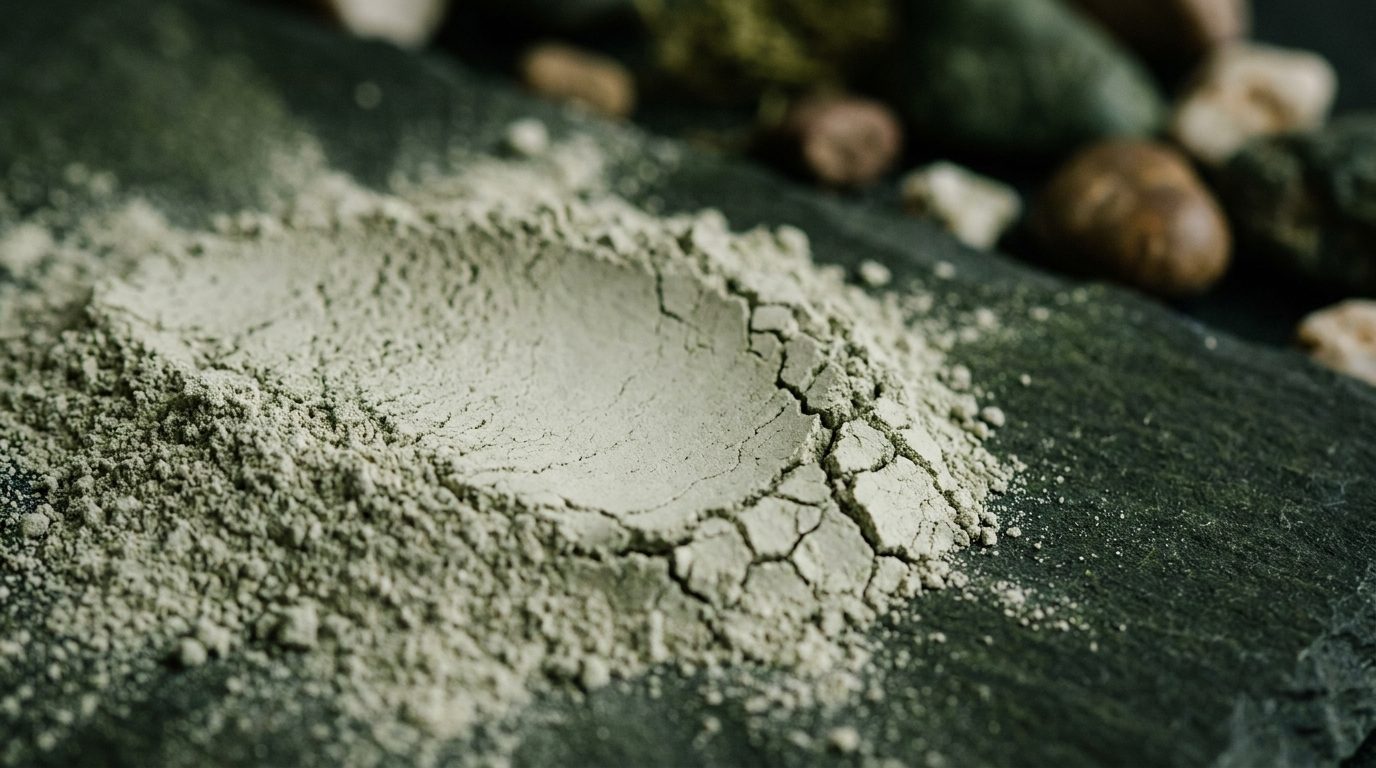 Pale grey-green bentonite clay powder cracked like a dry riverbed on dark stone