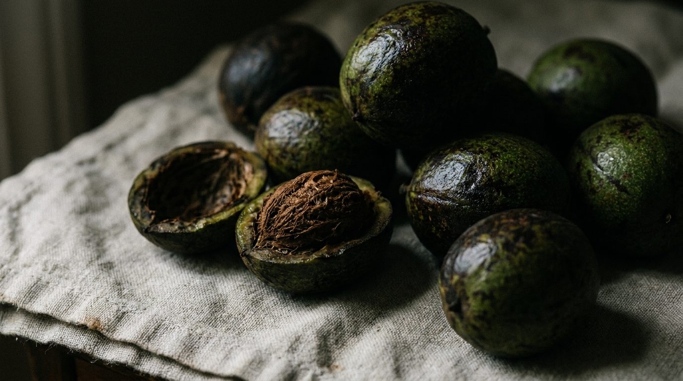 Whole green-black walnut hulls on linen, one split open to show the fibrous interior