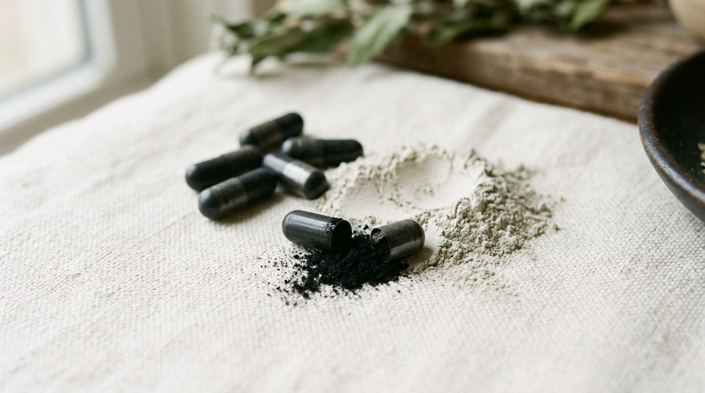 Black activated charcoal capsules beside a drift of pale bentonite clay powder on linen