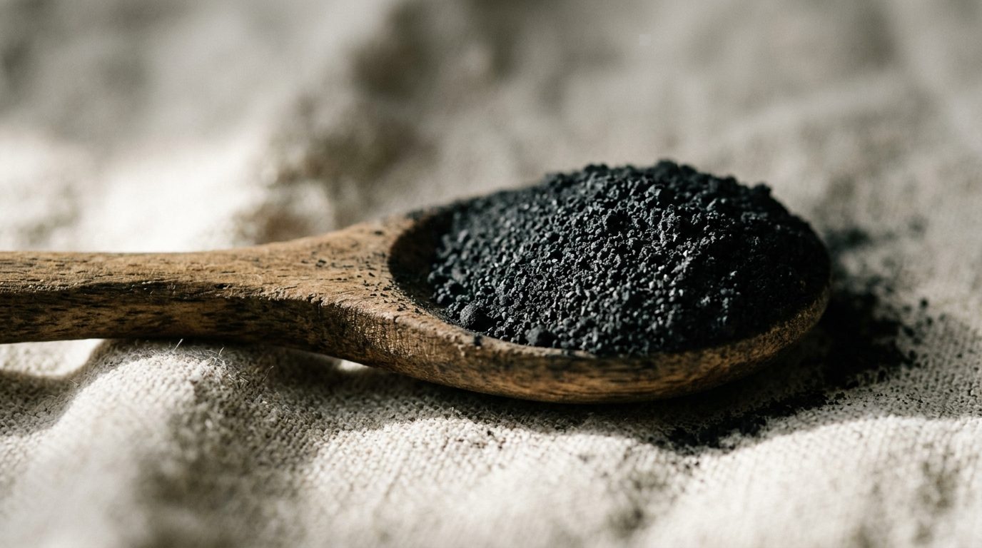 Matte black activated charcoal powder heaped on a small wooden spoon on linen