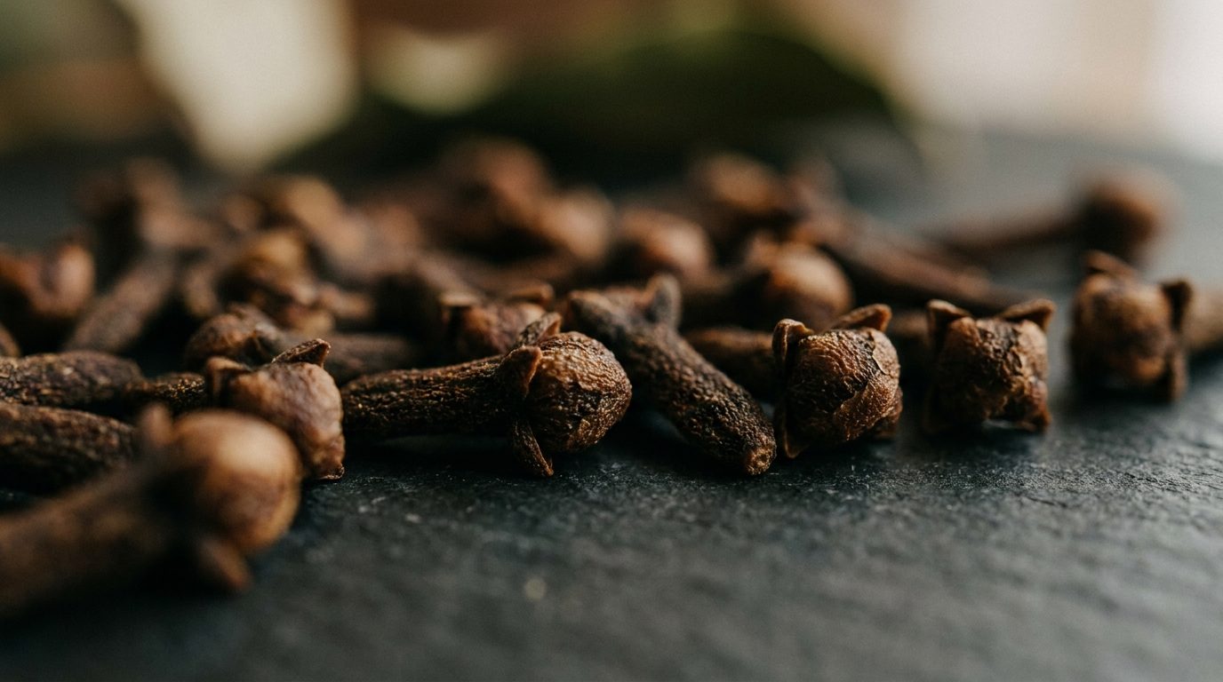 Whole dried clove buds scattered on dark slate
