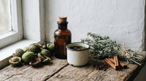 An old corked brown medicine bottle, an enamel cup, green black walnut hulls, a bundle of dried wormwood, clove buds and cinnamon on a farmhouse windowsill