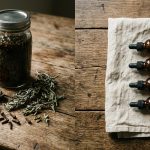 A mason jar of home-steeped tincture with black walnut hulls, wormwood and cloves on a farmhouse table, and four small amber dropper bottles in a row on linen