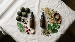Two amber dropper bottles on linen, one surrounded by black walnut, clove, wormwood, hawthorn and garlic, the other by fennel, pumpkin seed, bark, peppermint and oregano