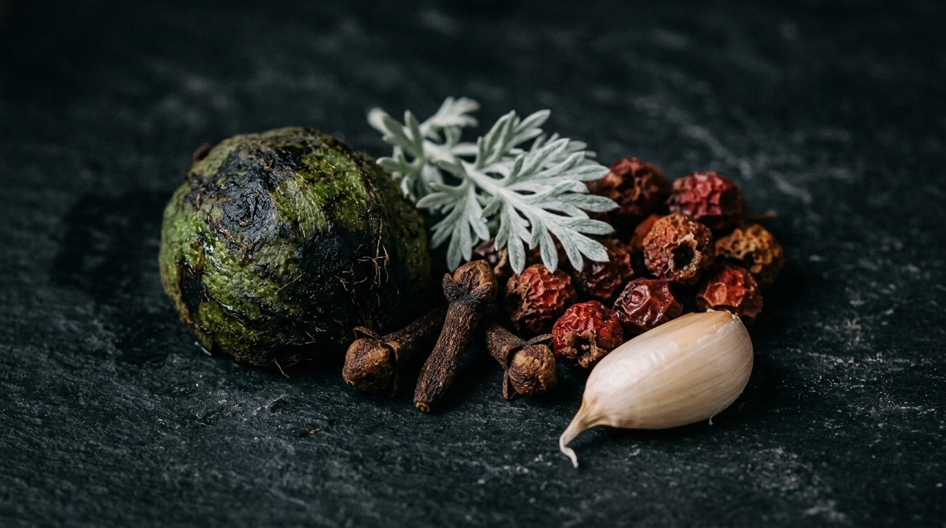 Green black walnut hull, clove buds, wormwood sprig, dried hawthorn berries and a garlic clove on slate