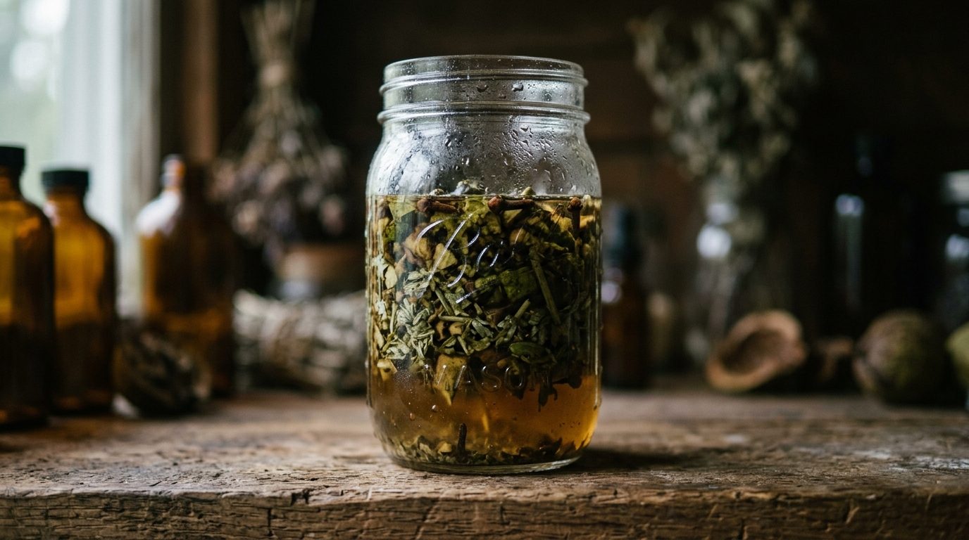 Mason jar of chopped green black walnut hulls, wormwood and clove buds steeping in alcohol on a pantry shelf
