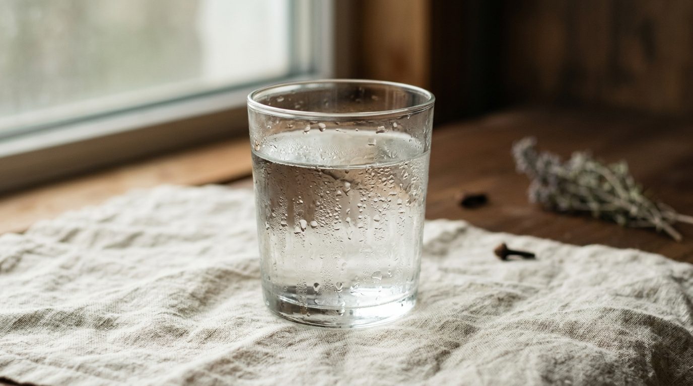 A plain glass of water on linen in early morning light with a clove bud out of focus behind