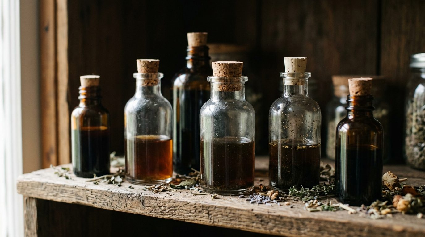 Corked glass bottles of dark herbal tincture on a dim wooden pantry shelf