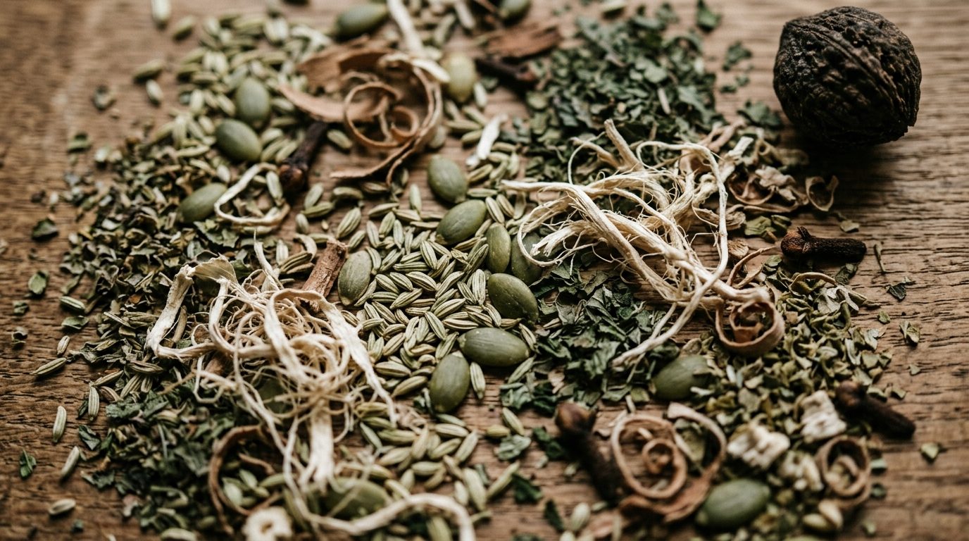 Fennel seeds, pumpkin seeds, marshmallow root, slippery elm bark, peppermint, oregano, clove and black walnut hull scattered on wood