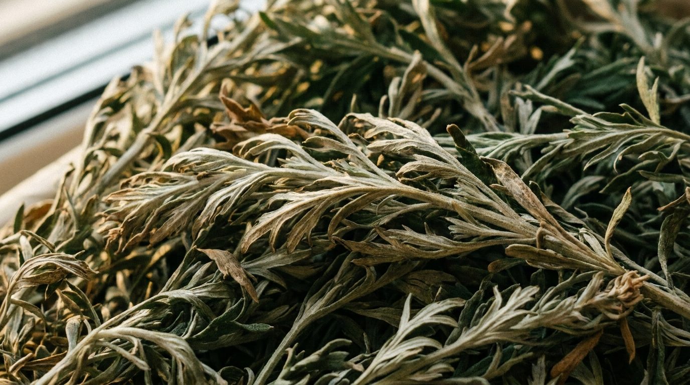 Dried silvery-green wormwood foliage filling the frame